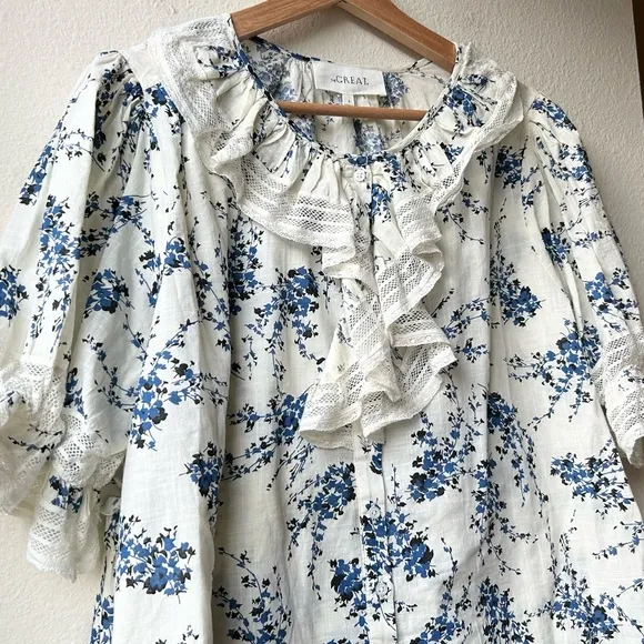 SET The Great The Bishop Top &amp; Lace Inset Flounce Skirt Blue Jasmine Floral Sz M