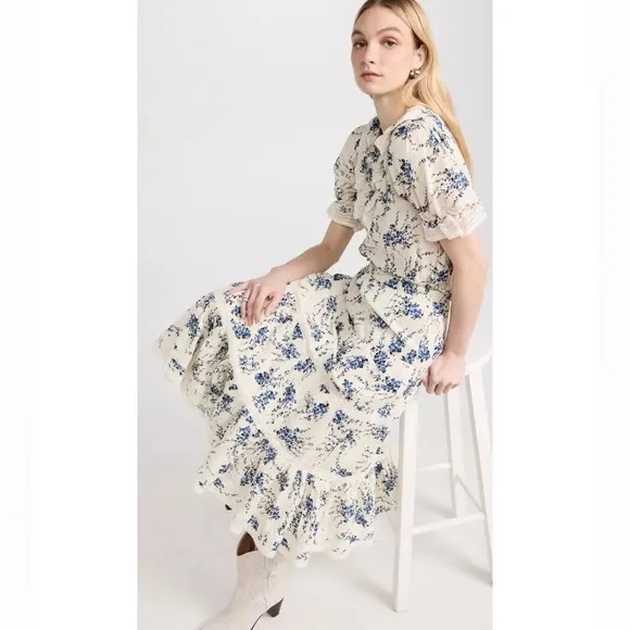 SET The Great The Bishop Top &amp; Lace Inset Flounce Skirt Blue Jasmine Floral Sz M