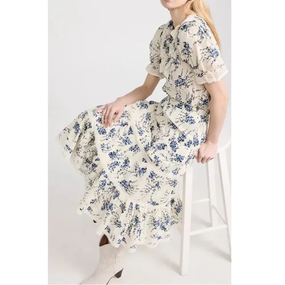 SET The Great The Bishop Top &amp; Lace Inset Flounce Skirt Blue Jasmine Floral Sz M