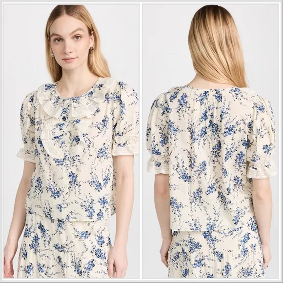 SET The Great The Bishop Top &amp; Lace Inset Flounce Skirt Blue Jasmine Floral Sz M