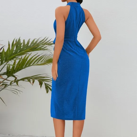 Sexy Blue Slit Ruched Sleeveless Dress
