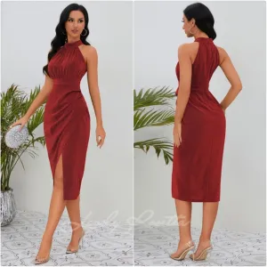 Sexy Burgundy Slit Ruched Sleeveless Dress