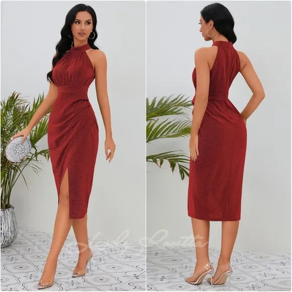 Sexy Burgundy Slit Ruched Sleeveless Dress
