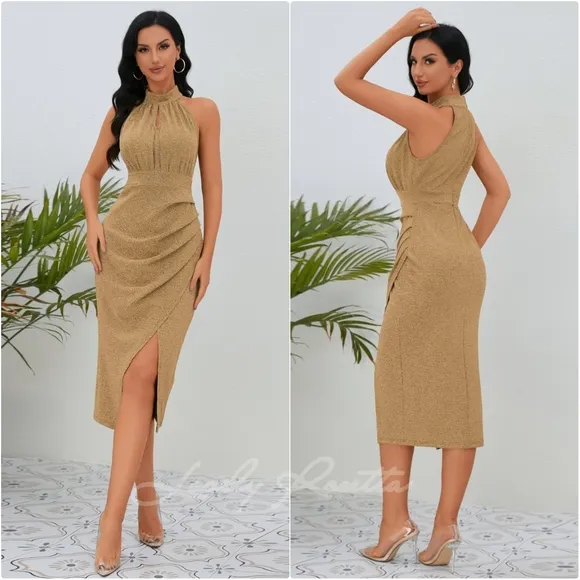 Sexy Burgundy Slit Ruched Sleeveless Dress