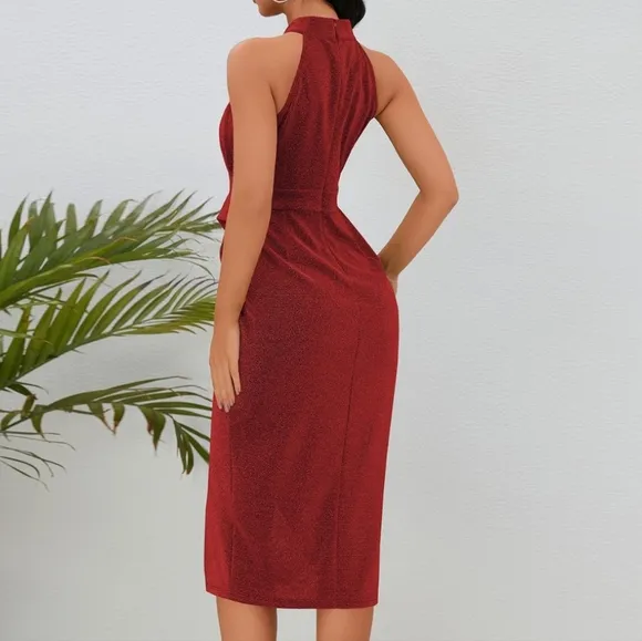 Sexy Burgundy Slit Ruched Sleeveless Dress