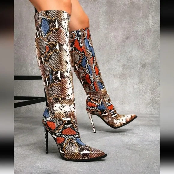 Sexy Fall Fashion Colorful Snake Pattern Pointed Toe Stiletto High Heel Boots