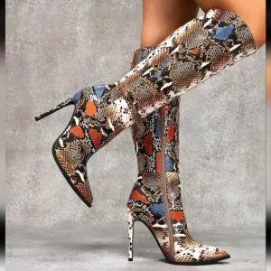 Sexy Fall Fashion Colorful Snake Pattern Pointed Toe Stiletto High Heel Boots