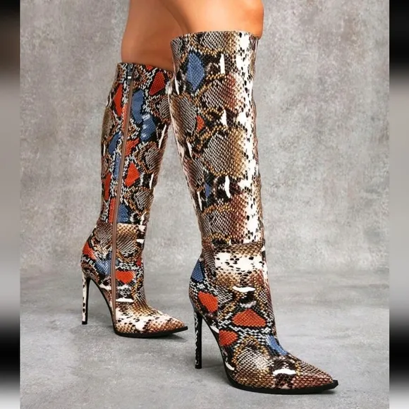 Sexy Fall Fashion Colorful Snake Pattern Pointed Toe Stiletto High Heel Boots