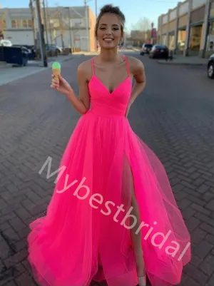 Sexy Spaghetti straps Side slit A-line Prom Dresses,PDS0782