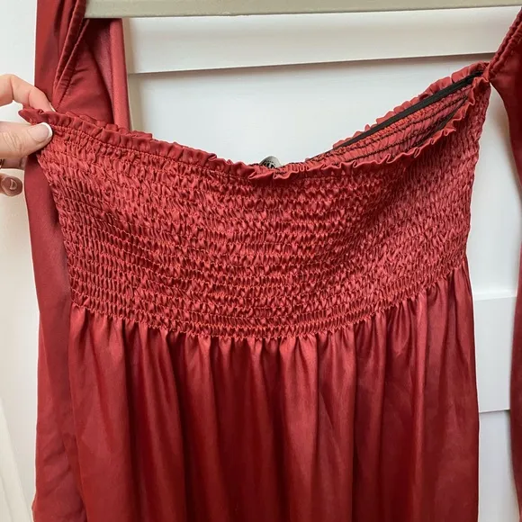 Show me your Mumu off the shoulder bell sleeve smocked mini dress is rust