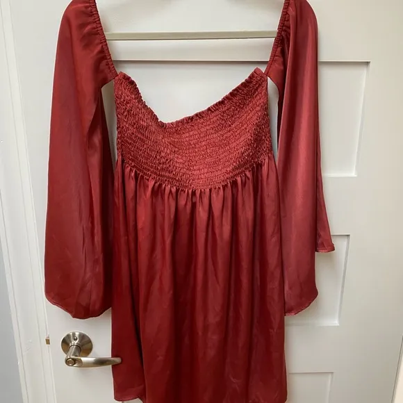 Show me your Mumu off the shoulder bell sleeve smocked mini dress is rust