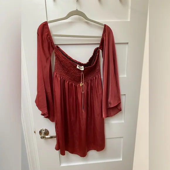 Show me your Mumu off the shoulder bell sleeve smocked mini dress is rust