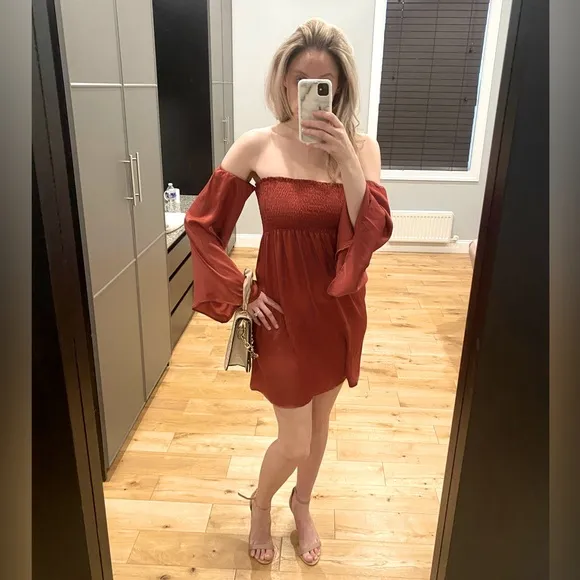 Show me your Mumu off the shoulder bell sleeve smocked mini dress is rust