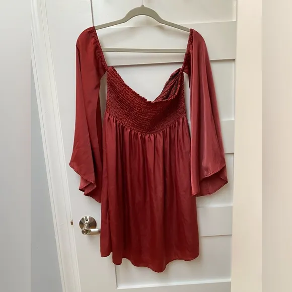 Show me your Mumu off the shoulder bell sleeve smocked mini dress is rust