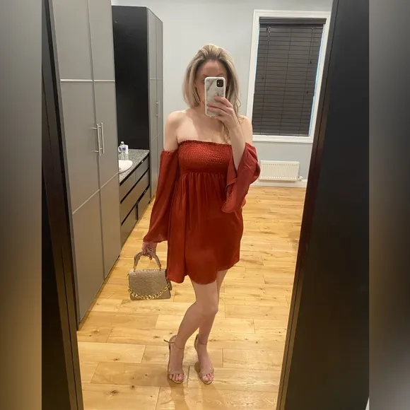 Show me your Mumu off the shoulder bell sleeve smocked mini dress is rust