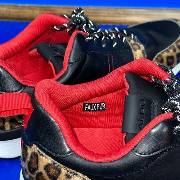 Size 11- Men’s ALDO Leopard Faux Fur Shoes Sneakers Black/Red NEW RARE