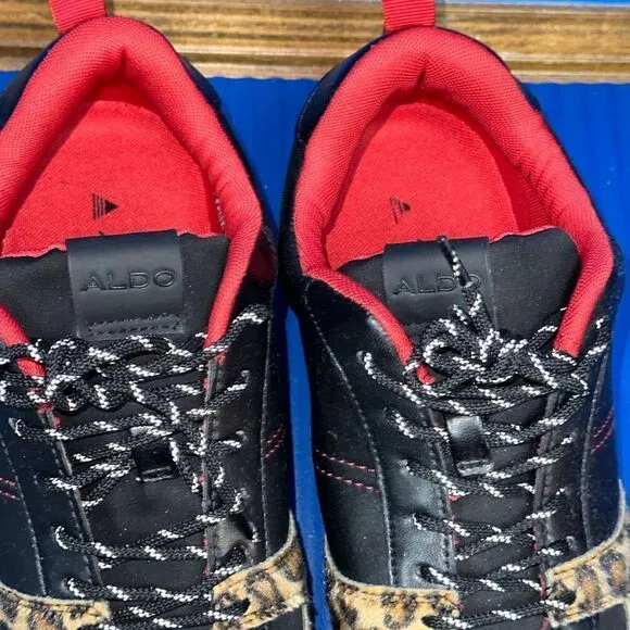 Size 11- Men’s ALDO Leopard Faux Fur Shoes Sneakers Black/Red NEW RARE