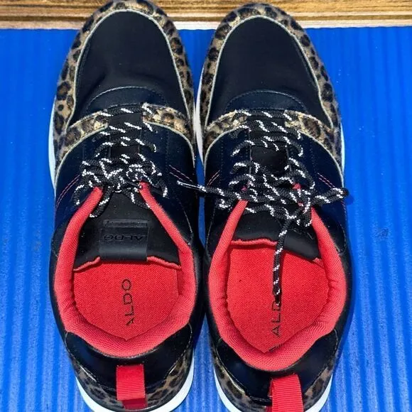 Size 11- Men’s ALDO Leopard Faux Fur Shoes Sneakers Black/Red NEW RARE