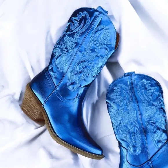 Size 6 Beast Fashion Adela Metallic Blue Mid Calf Western Heeled Cowboy Boot