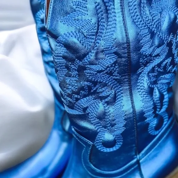 Size 6 Beast Fashion Adela Metallic Blue Mid Calf Western Heeled Cowboy Boot