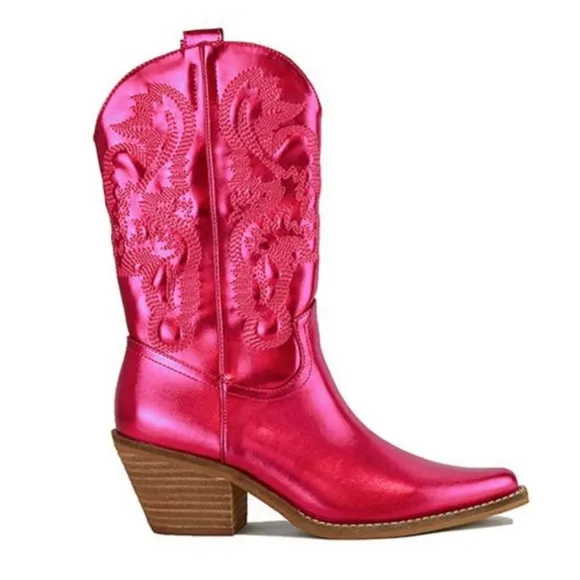 Size 6 Beast Fashion Adela Metallic Blue Mid Calf Western Heeled Cowboy Boot