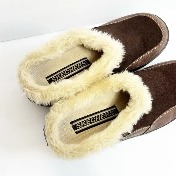 SKECHERS WOMEN SLIP ON BROWN FLUFFY VINTAGE CLOG SHOES SIZE 6.5 NO BOX