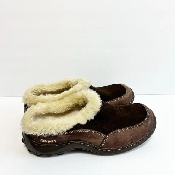 SKECHERS WOMEN SLIP ON BROWN FLUFFY VINTAGE CLOG SHOES SIZE 6.5 NO BOX