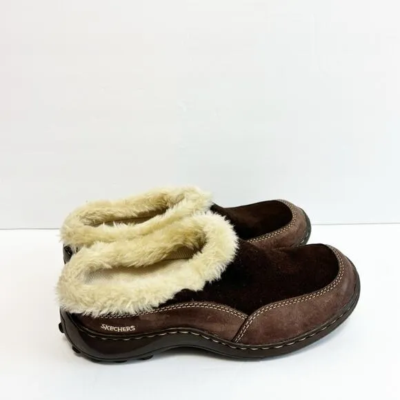 SKECHERS WOMEN SLIP ON BROWN FLUFFY VINTAGE CLOG SHOES SIZE 6.5 NO BOX