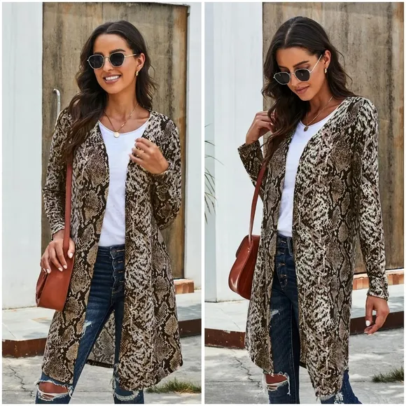 Snakeskin Open Front Longline Cardigan