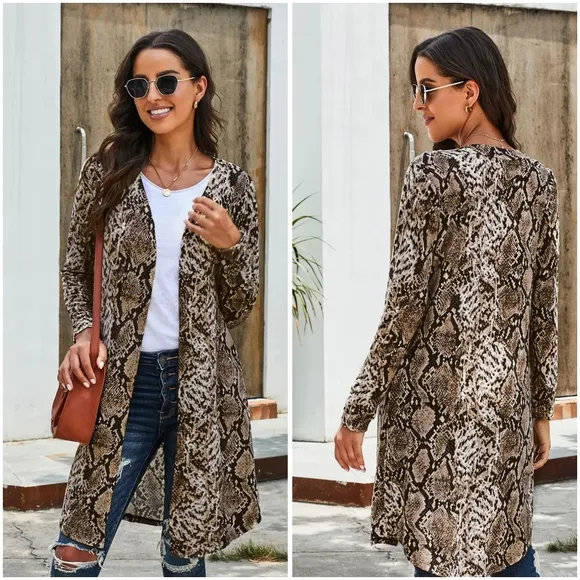 Snakeskin Open Front Longline Cardigan