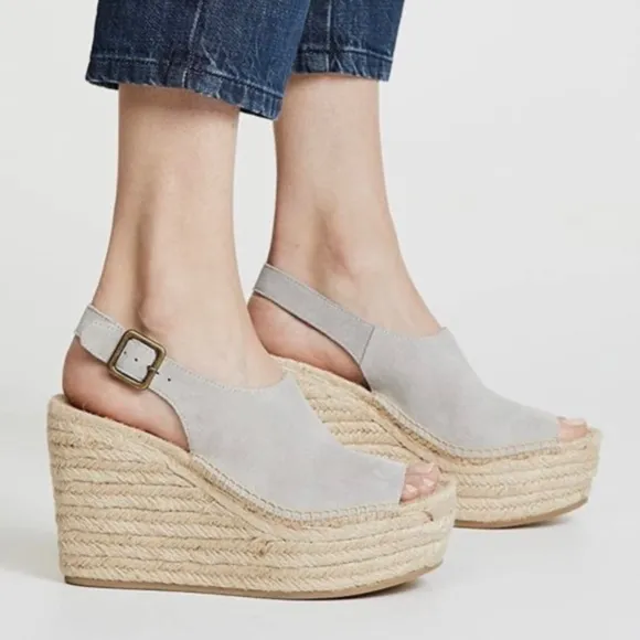 Soludos Sevilla Stone Grey Suede Espadrille Platform Wedge Slingback Sandals 10
