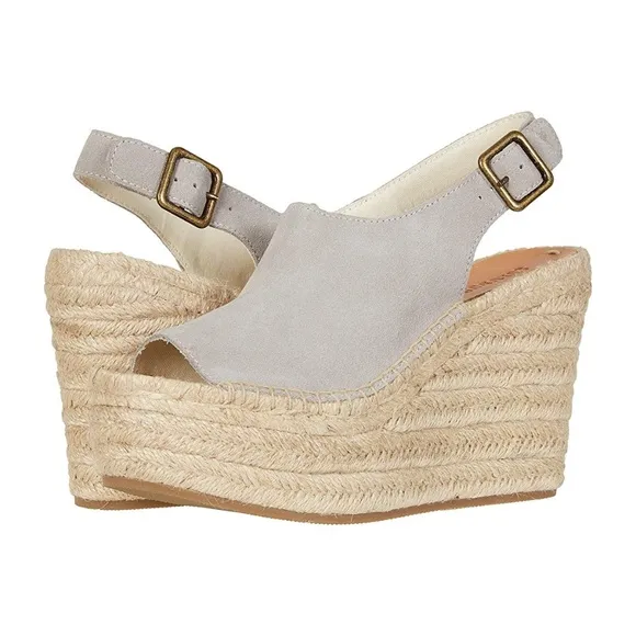 Soludos Sevilla Stone Grey Suede Espadrille Platform Wedge Slingback Sandals 10