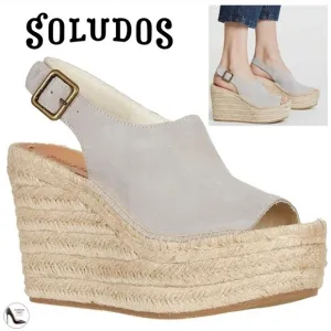 Soludos Sevilla Stone Grey Suede Espadrille Platform Wedge Slingback Sandals 10