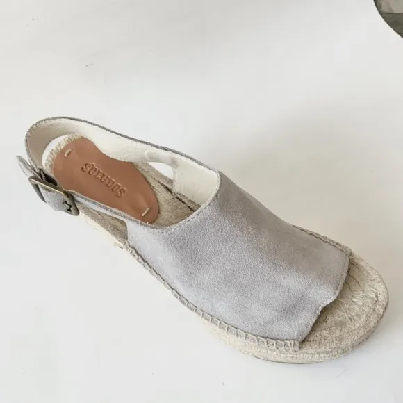 Soludos Sevilla Stone Grey Suede Espadrille Platform Wedge Slingback Sandals 10