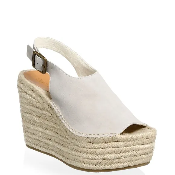 Soludos Sevilla Stone Grey Suede Espadrille Platform Wedge Slingback Sandals 10
