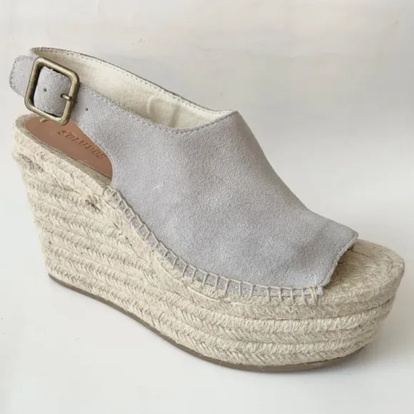 Soludos Sevilla Stone Grey Suede Espadrille Platform Wedge Slingback Sandals 10