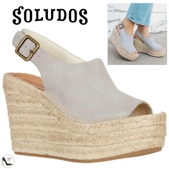 Soludos Sevilla Stone Grey Suede Espadrille Platform Wedge Slingback Sandals 10