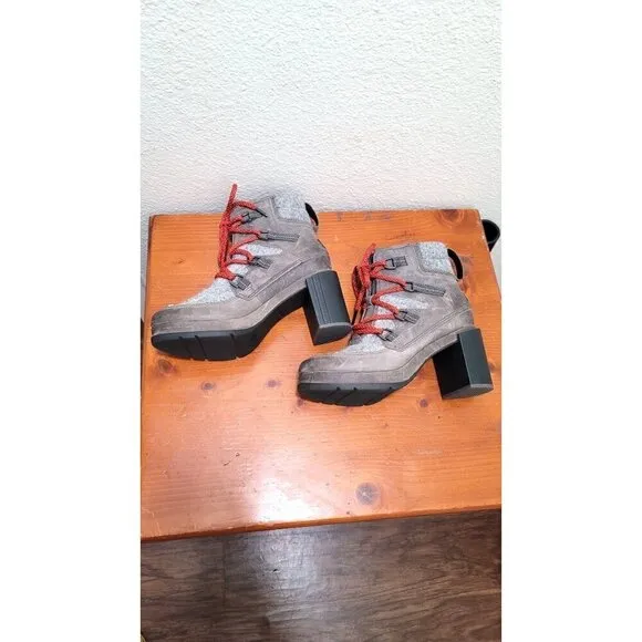 Sorel Block Heeled Pump Waterproof Boots Gray &amp; Red Wool Leather Lace up ankle S