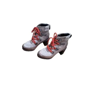 Sorel Block Heeled Pump Waterproof Boots Gray &amp; Red Wool Leather Lace up ankle S