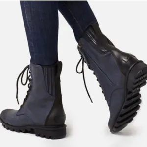 Sorel Blue Phoenix Lace-up Waterproof Leather Combat Boots, Side Zipper Size 9