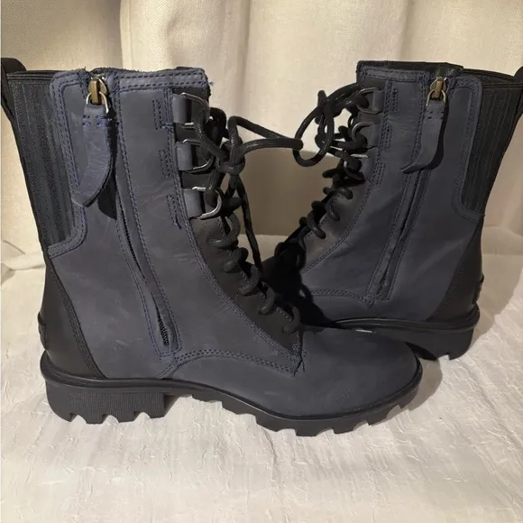 Sorel Blue Phoenix Lace-up Waterproof Leather Combat Boots, Side Zipper Size 9