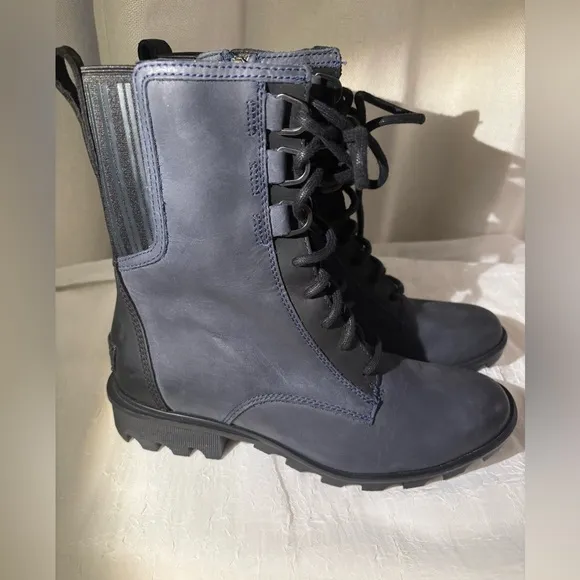 Sorel Blue Phoenix Lace-up Waterproof Leather Combat Boots, Side Zipper Size 9
