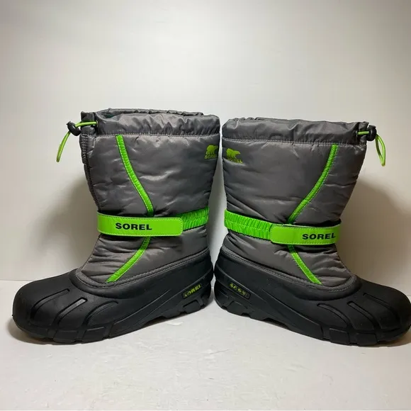 Sorel Flurry Grey Green Waterproof Felt Lined Lug Sole Snow Boots Big Boy Sz 7