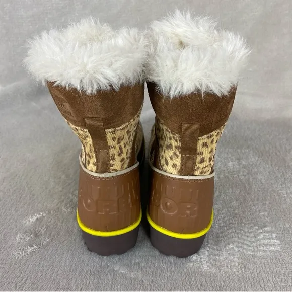 Sorel Girls Kid Snow Boots Size 1 Brown Yellow Cheetah Waterproof Insulated NEW
