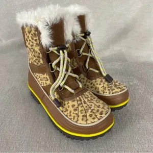 Sorel Girls Kid Snow Boots Size 1 Brown Yellow Cheetah Waterproof Insulated NEW