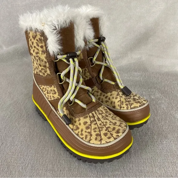 Sorel Girls Kid Snow Boots Size 1 Brown Yellow Cheetah Waterproof Insulated NEW