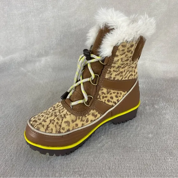 Sorel Girls Kid Snow Boots Size 1 Brown Yellow Cheetah Waterproof Insulated NEW