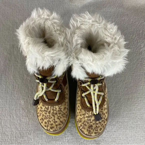 Sorel Girls Kid Snow Boots Size 1 Brown Yellow Cheetah Waterproof Insulated NEW