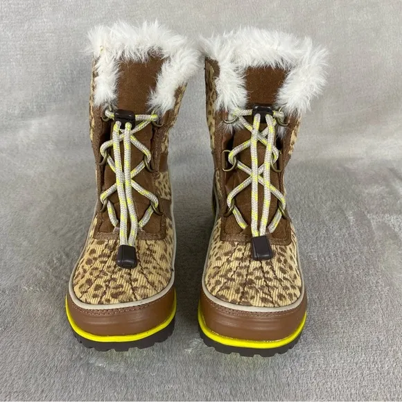 Sorel Girls Kid Snow Boots Size 1 Brown Yellow Cheetah Waterproof Insulated NEW