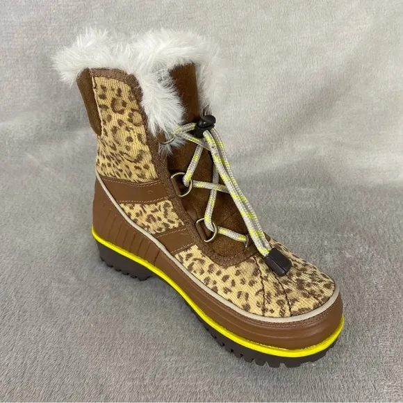 Sorel Girls Kid Snow Boots Size 1 Brown Yellow Cheetah Waterproof Insulated NEW